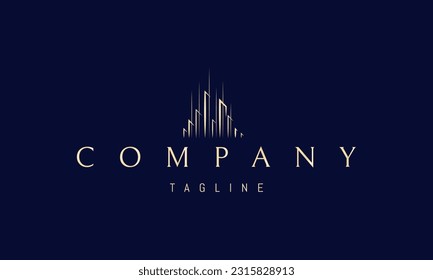 Vector golden logo on which an abstract image of a high-tech city in a linear style.