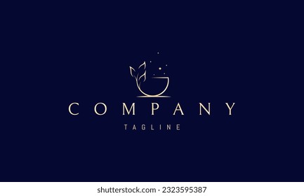 Vector golden logo on which an abstract image of a plate made of a wooden twig with leaves.