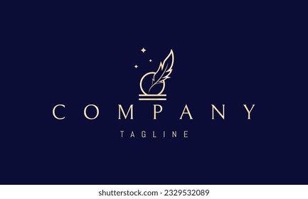 Vector golden logo on which an abstract image of an ink pen against the background of the full moon and stars.