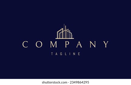 Vector golden logo on which an abstract image of a complex of modern buildings in a linear style.