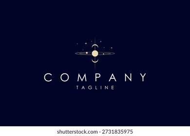 Vector golden logo on which an abstract image of the solar system with planets and the image of an inverted moon