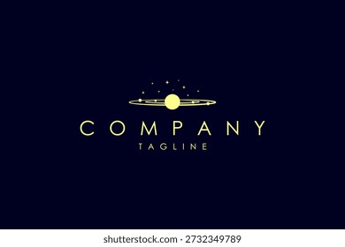 Logotipo dourado do vetor no qual uma imagem abstrata do sistema solar com planetas
