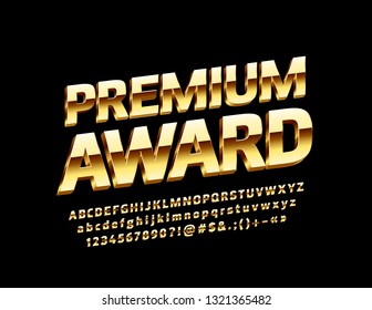 Vector Golden Logo Premium Award With 3D Luxury Font. Decorative Elite Alphabet Letters, Numbers And Symbols.