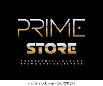 Vector golden logo Prime Store. Premium Alphabet Letters and Numbers set. Unique Artistic Font.