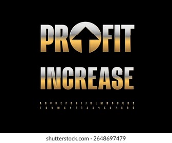 Aumento de lucro de logotipo dourado do vetor com seta decorativa. Fonte Premium. Letras e números preciosos alfabeto metálico definido.