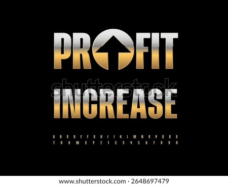 Vector Golden logo Profit Increase with Decorative Arrow. Premium Font. Precious Metallic Alphabet Letters and Numbers set.