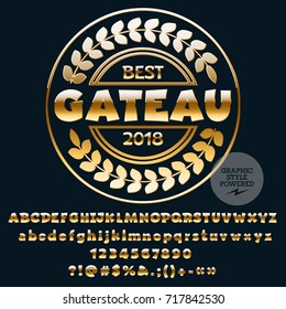 Vektor Golden Logo Vorlage für die Gastronomie. Moderne Reihe von Buchstaben, Zahlen, Symbolen. Schriftart mit Grafikstil