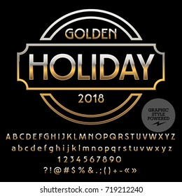 Plantilla de logotipo de oro vector para vacaciones doradas. Lujoso juego de letras, números, símbolos. Tipo de letra gráfico