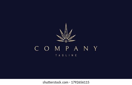 Vektor golden Logo, in dem ein abstraktes Bild von scharfem Cannabis mit Adern und einem Diamanten unten hinterlässt.