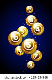 Vector golden lottery bingo ball number from 1 to 9 isolated on dark blue background