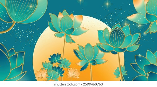 Vector golden lotus flower and moon on green background