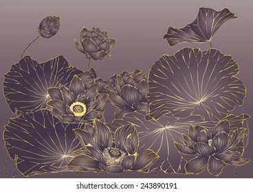 Vector golden lotus pattern for background and text.Design for natural cosmetics, health care and ayurveda products, yoga center.