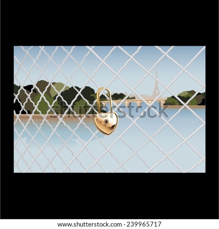 Vector golden love lock on wire netting with the background of Paris, France