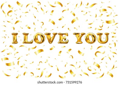 vector Golden I love you sign. background. balloon Gold love word with confetti border and swashes on white. art