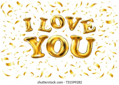 vector Golden I love you sign. background. balloon Gold love word with confetti border and swashes on white. art