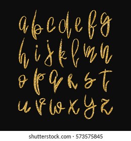 Vector golden lowercase alphabet. Unique hand drawn bright gold glitter font. Handwritten abc set isolated on black background. For glamour and luxury design