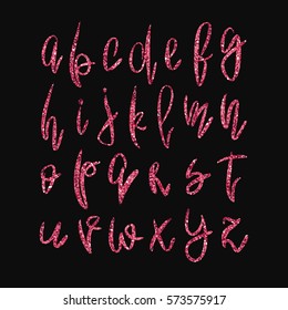 Vector golden lowercase alphabet. Unique hand drawn bright fuchsia glitter font. Handwritten abc set isolated on black background. For glamour and luxury design