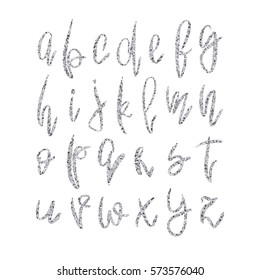 Vector Golden Lowercase Alphabet. Unique Hand Drawn Gray Silver Glitter Font. Handwritten Abc Set Isolated On White Background. For Glamour And Luxury Design