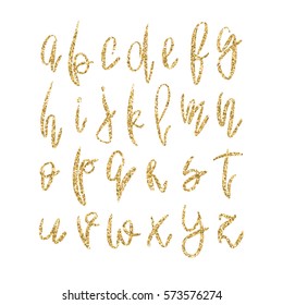 Vector golden lowercase alphabet. Unique hand drawn pastel gold glitter font. Handwritten abc set isolated on white background. For glamour and luxury design