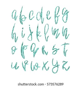 Vector golden lowercase alphabet. Unique hand drawn bright green glitter font. Handwritten abc set isolated on white background. For glamour and luxury design