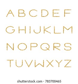 Vector golden lowercase alphabet. Unique hand drawn bright gold glitter font. Handwritten abc set isolated on white background. For glamour and luxury design