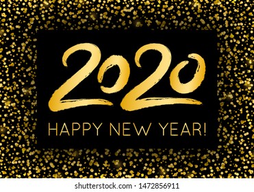 Vector golden luxury 2020 Happy New Year illustration with shining glitter confetti for greeting card, calendar, banner