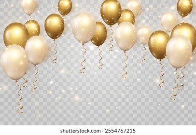 Vector golden luxury balloons with flying particles of light isolated on png background. Realistic festive 3d helium balloons with magical light dust. Vector illustration on transparent background
