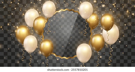 Vector golden luxury balloons with flying particles of light isolated on png background. Realistic festive 3d helium balloons with magical light dust. Vector illustration on transparent background