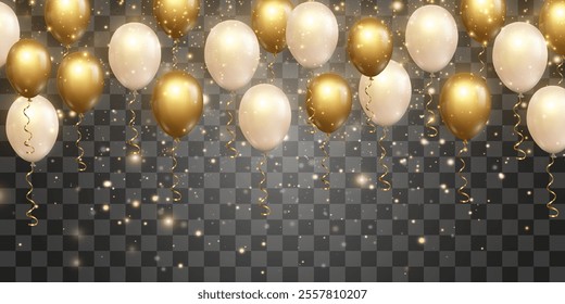 Vector golden luxury balloons with flying particles of light isolated on png background. Realistic festive 3d helium balloons with magical light dust. Vector illustration on transparent background