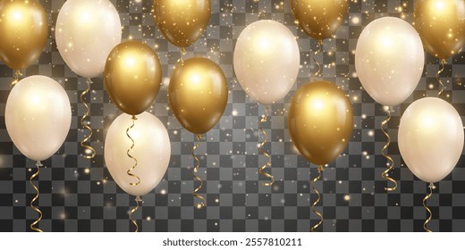 Vector golden luxury balloons with flying particles of light isolated on png background. Realistic festive 3d helium balloons with magical light dust. Vector illustration on transparent background