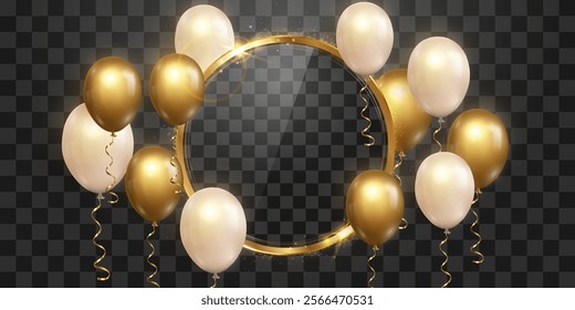 Vector golden luxury balloons and golden frame isolated on png background. Realistic festive 3d helium balloons with magical light dust. Vector illustration on transparent background