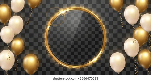 Vector golden luxury balloons and golden frame isolated on png background. Realistic festive 3d helium balloons with magical light dust. Vector illustration on transparent background