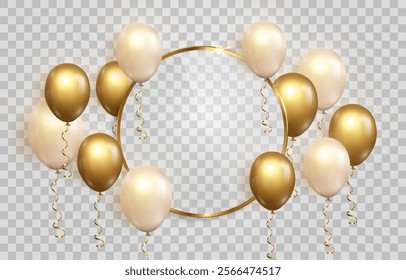 Vector golden luxury balloons and golden frame isolated on png background. Realistic festive 3d helium balloons with magical light dust. Vector illustration on transparent background