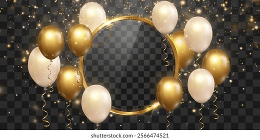 Vector golden luxury balloons and golden frame isolated on png background. Realistic festive 3d helium balloons with magical light dust. Vector illustration on transparent background
