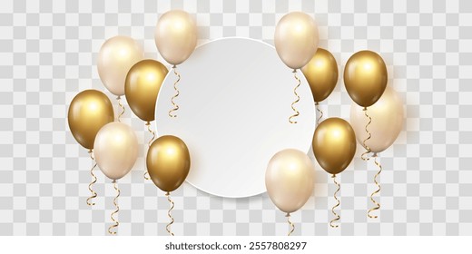 Vector golden luxury balloons isolated on png background. Realistic festive 3d helium balloons template for anniversary, Birthday party design. Vector illustration on transparent background