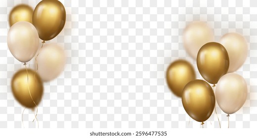 Vector golden luxury balloons isolated on png background. Realistic festive 3d helium balloons. Vector illustration on transparent background