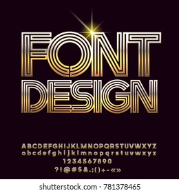 Vector golden luxury Font Design. Set of Chic Alphabet Letters, Numbers and Punctuation Symbols