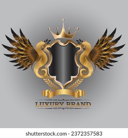 Vector golden luxury heraldic logotype. Seahorses around shield with the letter inside and shell above it. Logo for jewelry, cosmetics, sea food restaurant, school team