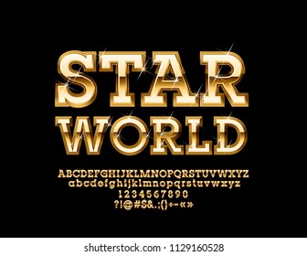 Vector Golden luxury sign Star World. Sparkling Font. Elite Glamour Alphabet Letters, Numbers and Symbols