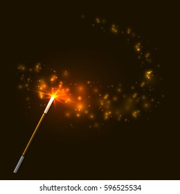 Vector golden magic wand with bright lights on dark brown background.