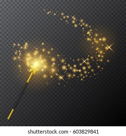 Vector golden magic wand with glow light effect on transparent background.