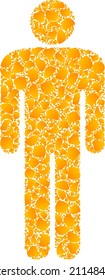 Vektor golden man Figur Mosaik Symbol. Man Figur ist einzeln auf weißem Hintergrund. Goldene Elemente Collage basierend auf dem männlichen Figursymbol. Collage man Figur iconic Bild ist aus gelben Gegenständen.