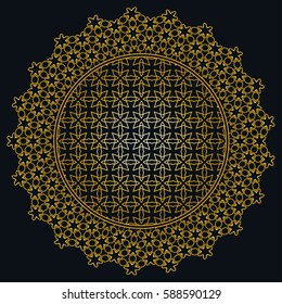 Vector golden Mandala on a black background, round geometric ornament, circular line pattern. Isolated design element. Abstract linear art motif
