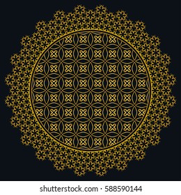 Vector golden Mandala on a black background, round geometric ornament, circular line pattern. Isolated design element. Abstract linear art motif