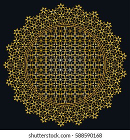 Vector golden Mandala on a black background, round geometric ornament, circular line pattern. Isolated design element. Abstract linear art motif