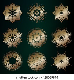 Vector golden mandala set . Mandala tattoo. Kaleidoscope medallion yoga, india, arabic set of flash tattoos. Golden stickers, flash temporary tattoo, yoga design