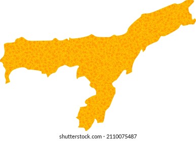 Vector Golden map of Assam State. Map of Assam State is isolated on a white background. Golden items texture based on solid yellow map of Assam State.