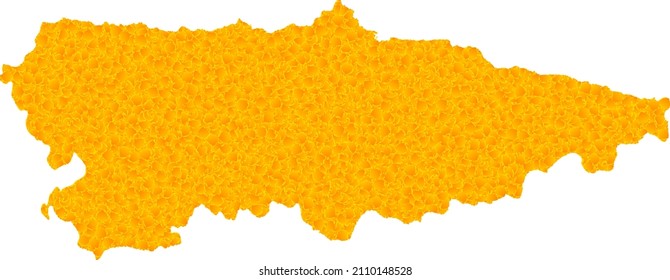 Vector Golden map of Asturias Province. Map of Asturias Province is isolated on a white background. Golden particles texture based on solid yellow map of Asturias Province.