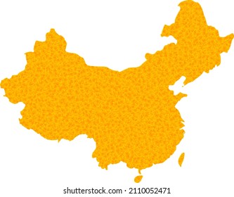 Vector Golden map of China. Map of China is isolated on a white background. Golden items mosaic based on solid yellow map of China.