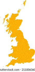 Vector Golden map of Great Britain. Map of Great Britain is isolated on a white background. Golden particles texture based on solid yellow map of Great Britain.